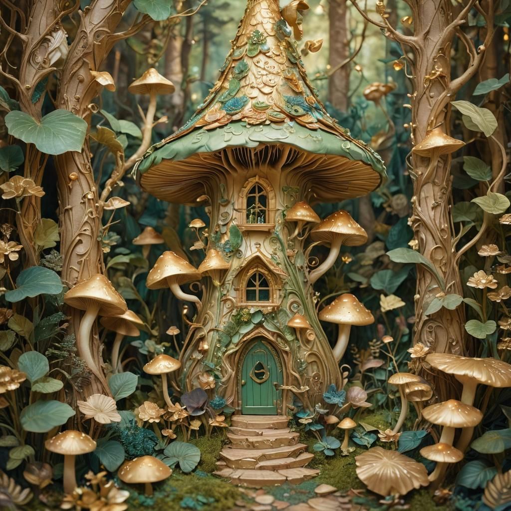 Enchanted Fairy House in Mushroom Forest, Art Nouveau Style