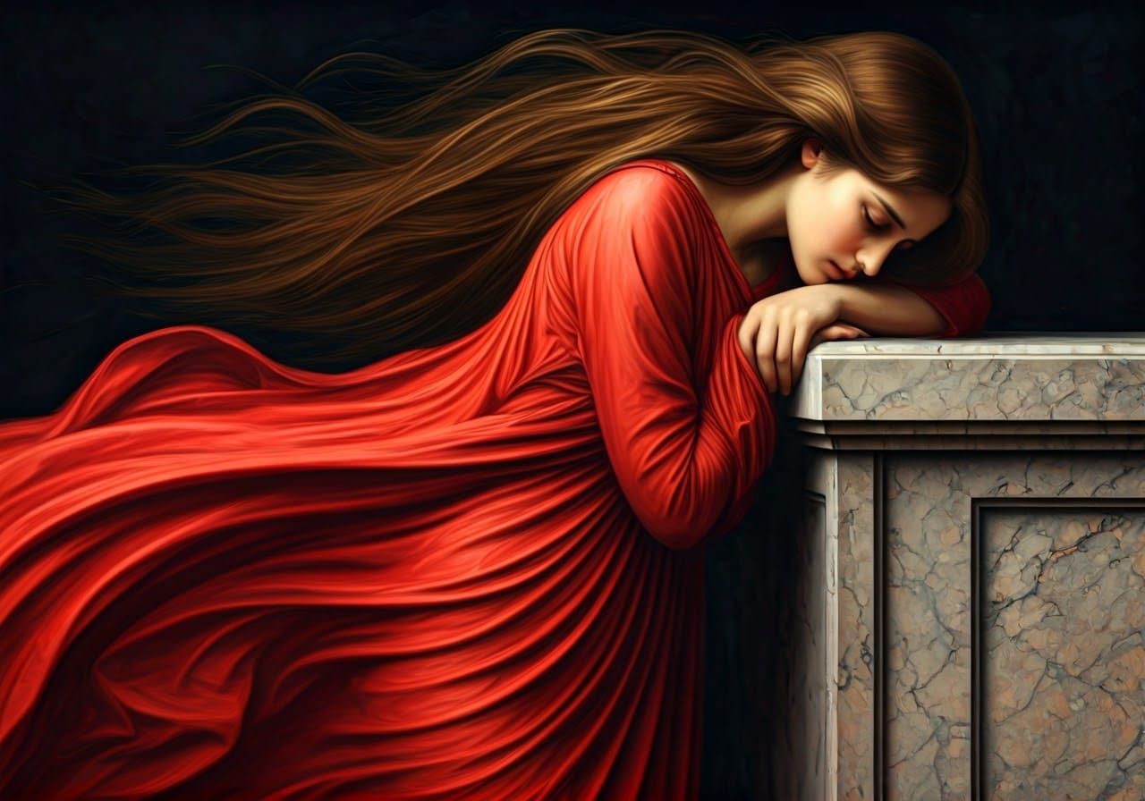 Melancholy Woman in Flowing Gown by Moonlight