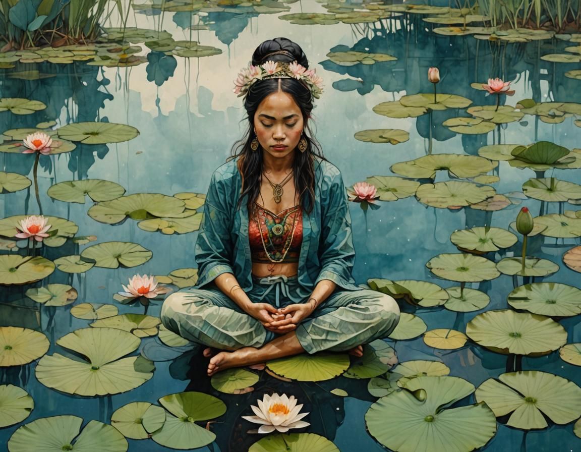 Polynesian Woman Meditating on Lilypad: Detailed Matte Paint...