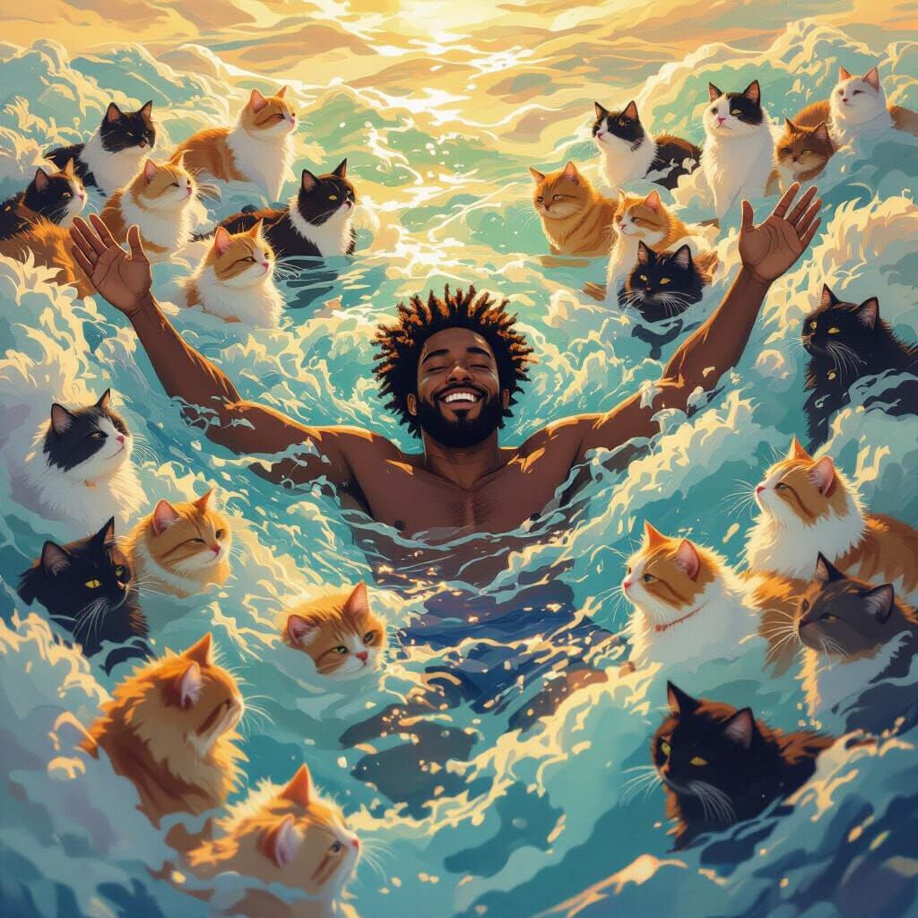 Man Swims in Surreal Sea of Cats