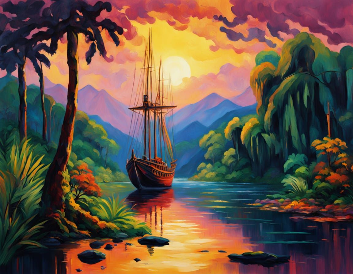 Jungle River Ships in Impasto Oil Painting