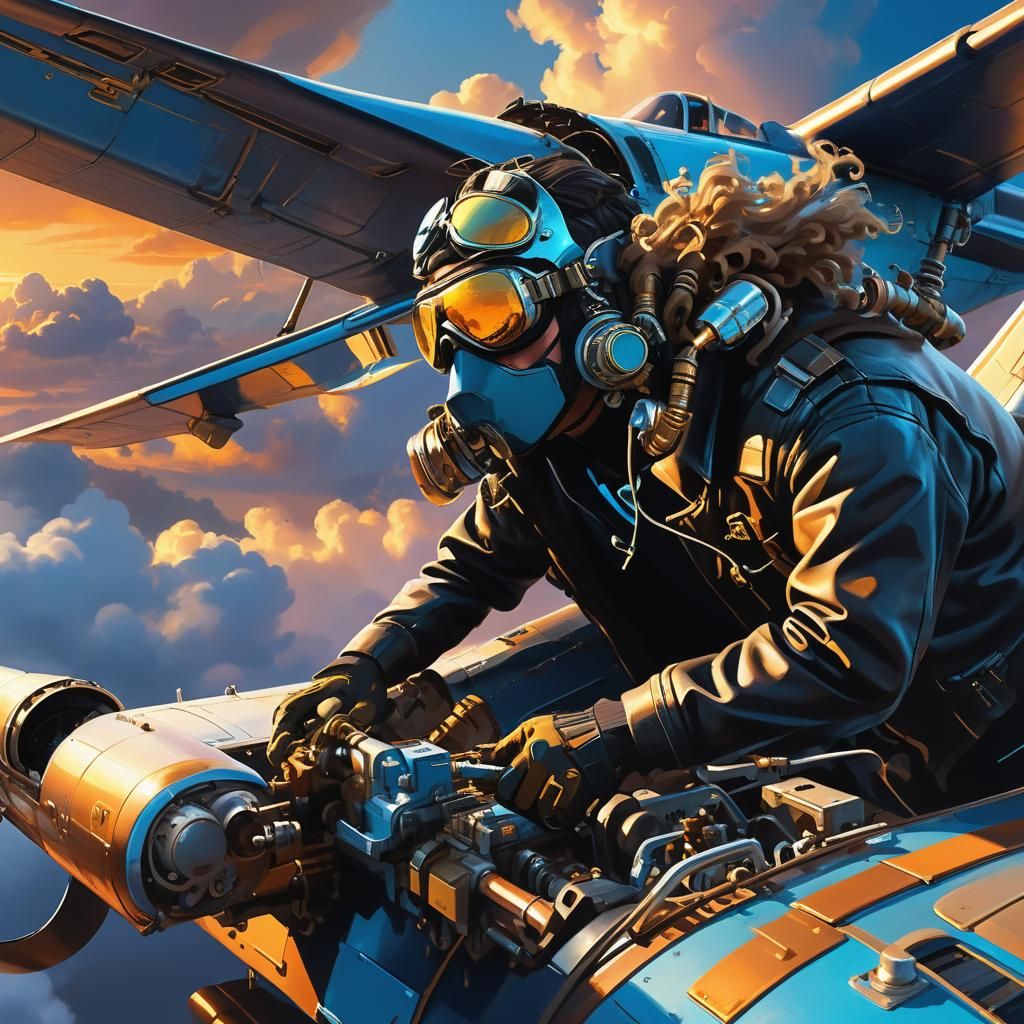 Mechanic Repairs Airplane Engine Mid-Flight: Concept Art