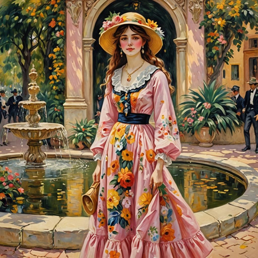 Bohemian Lady at Fountain: Impressionistic Oil Painting