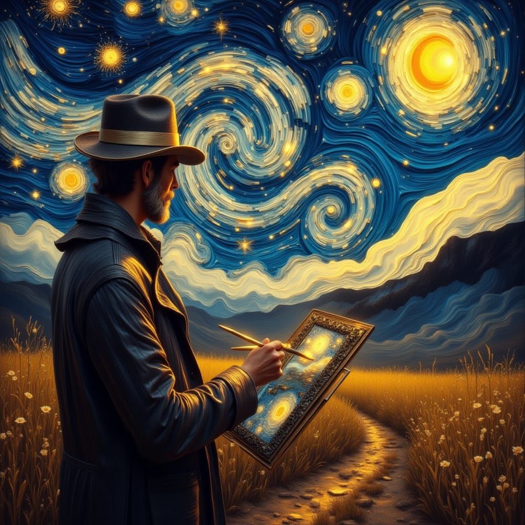 Painter Creates Golden Galaxy Under Starry Night Sky