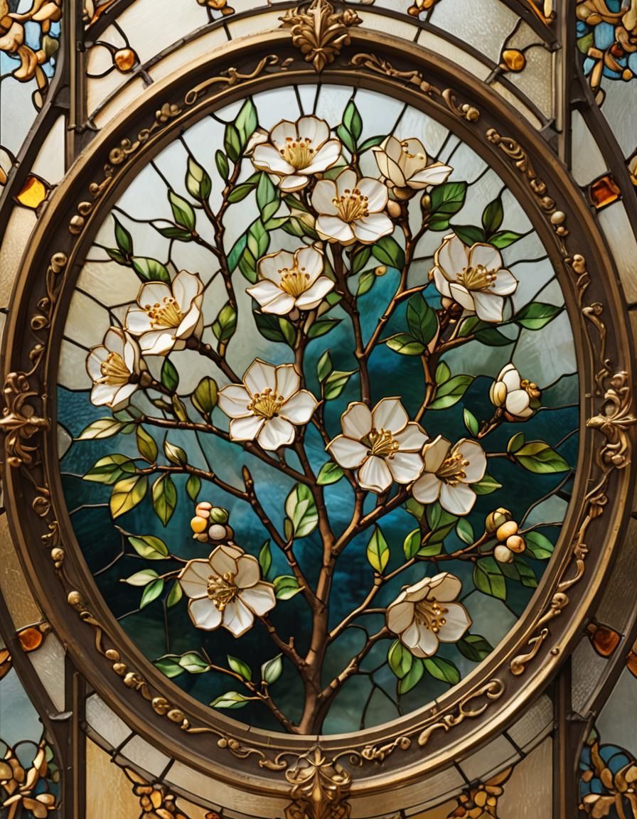 Stained Glass Art With Flowering Quince Branch