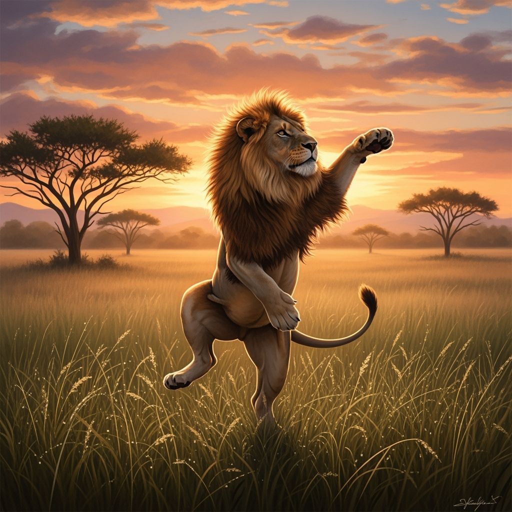 Lion Ballet Pirouette at Dawn in Savanna