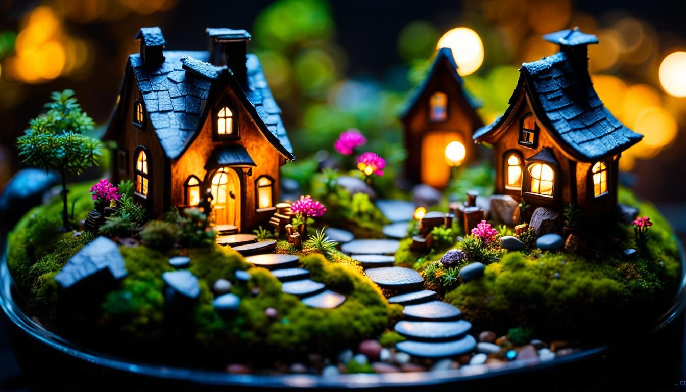 Enchanted Fairy Village in Terrarium, Digital Art