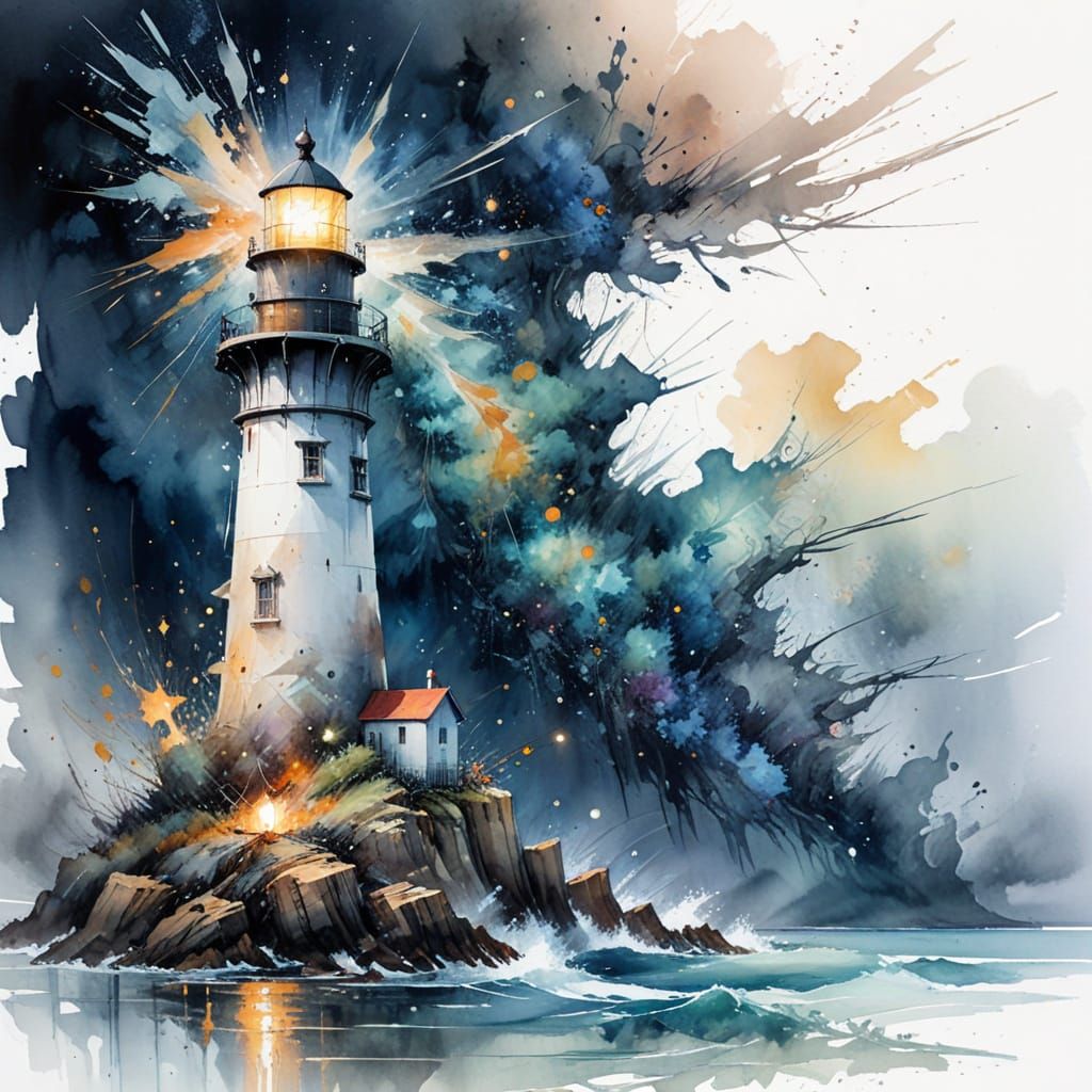 Whimsical Starry Night Lighthouse Scene in Watercolour