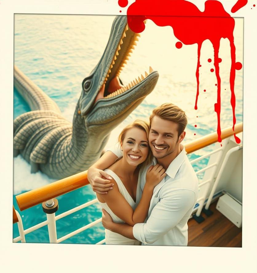 Plesiosaur Photobomb on a Cruise: Polaroid Photograph