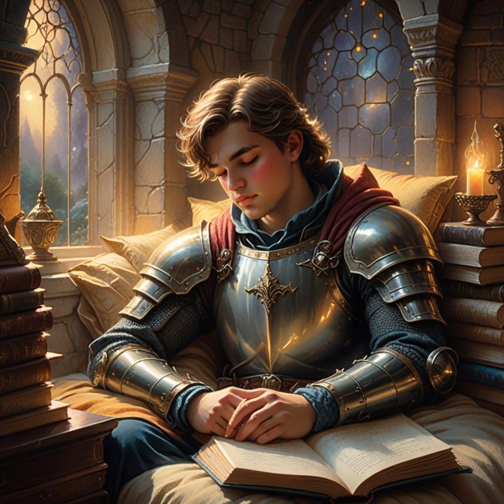Boy Sleeping with Fantasy Book in Kinkade Style