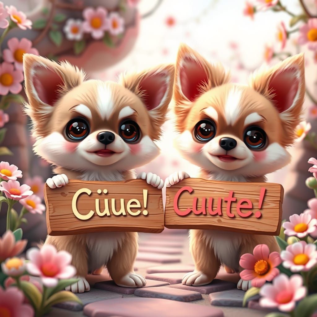 Fluffy Chihuahuas Holding 'Cuuute!' Signs in Fantasy Wonderl...