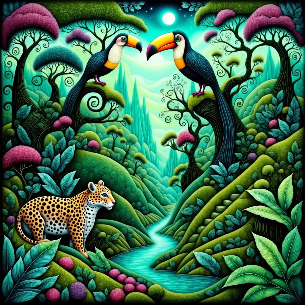 Jaguars and Toucans Roam a Whimsical Rainforest in Vibrant C...