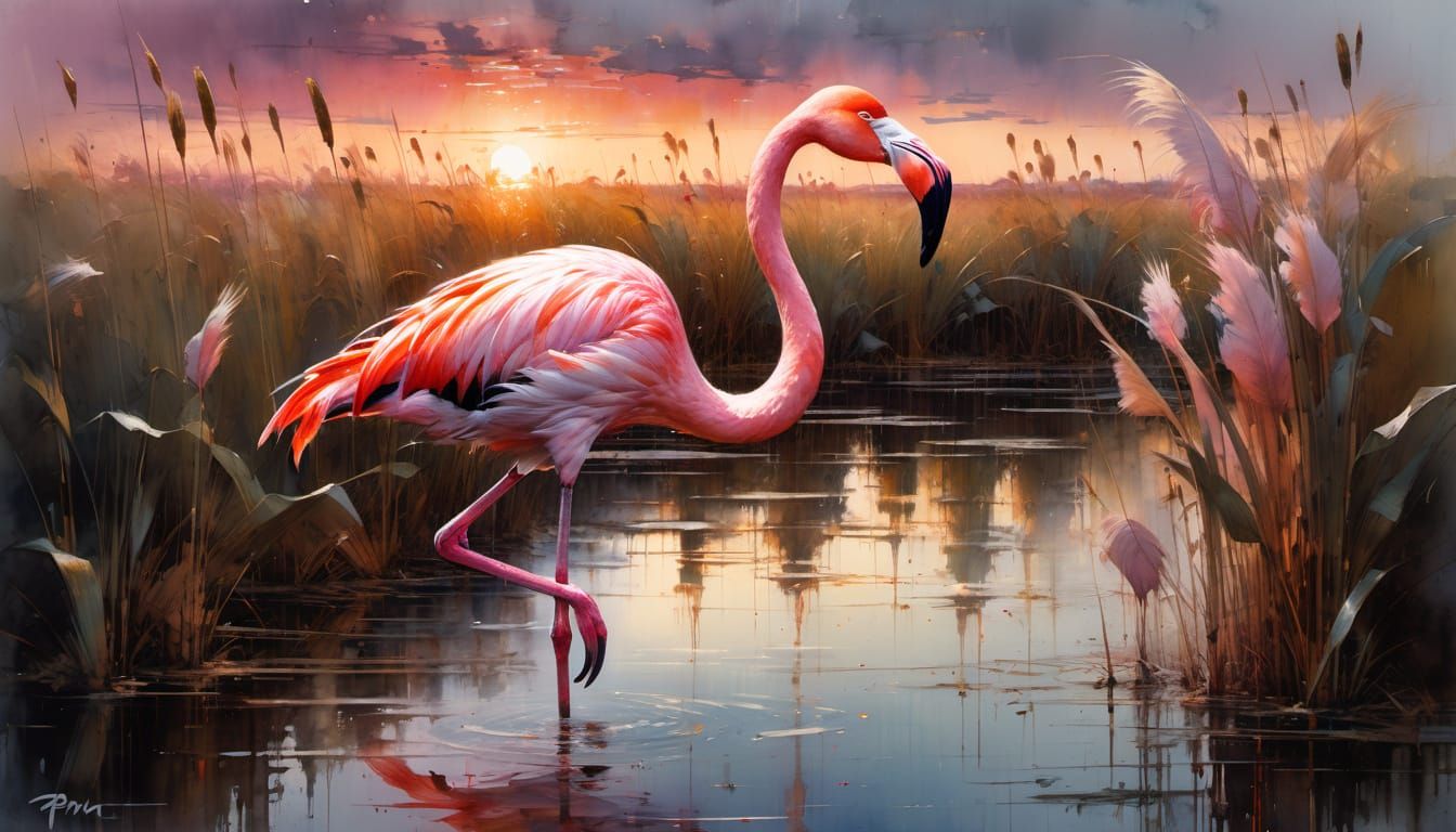 Majestic Pink Flamingo in Watercolor Painting at Sunset