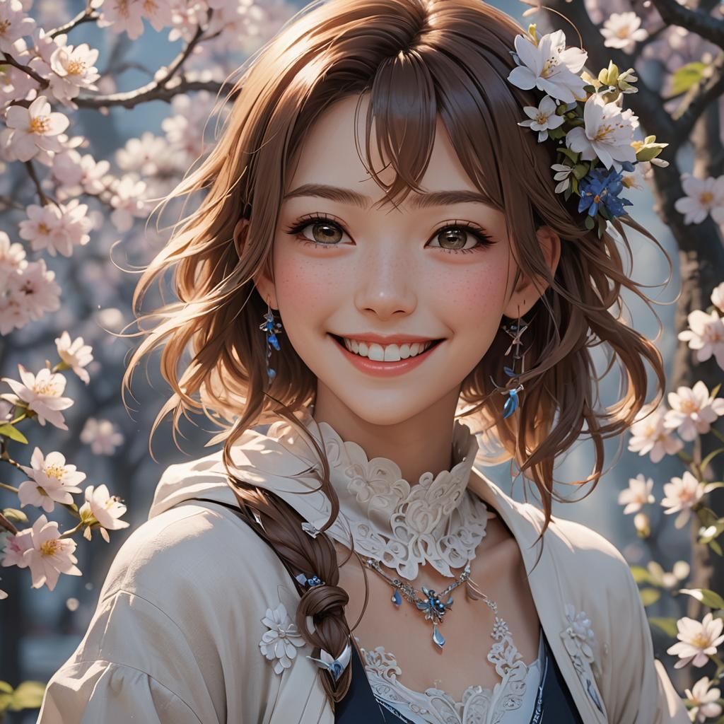Smiling Anime Woman, Detailed 3D Render