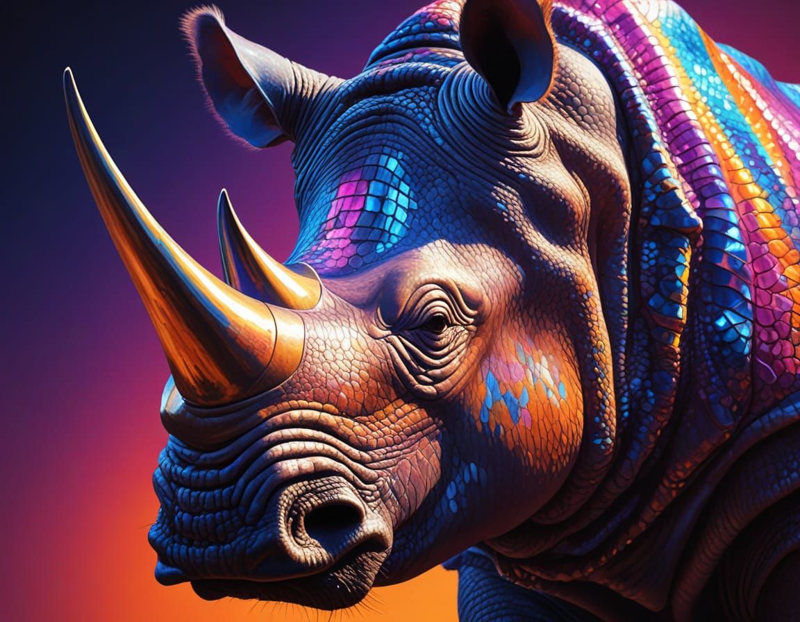 Glam Rock Rhino Portrait in Oil Painting Style