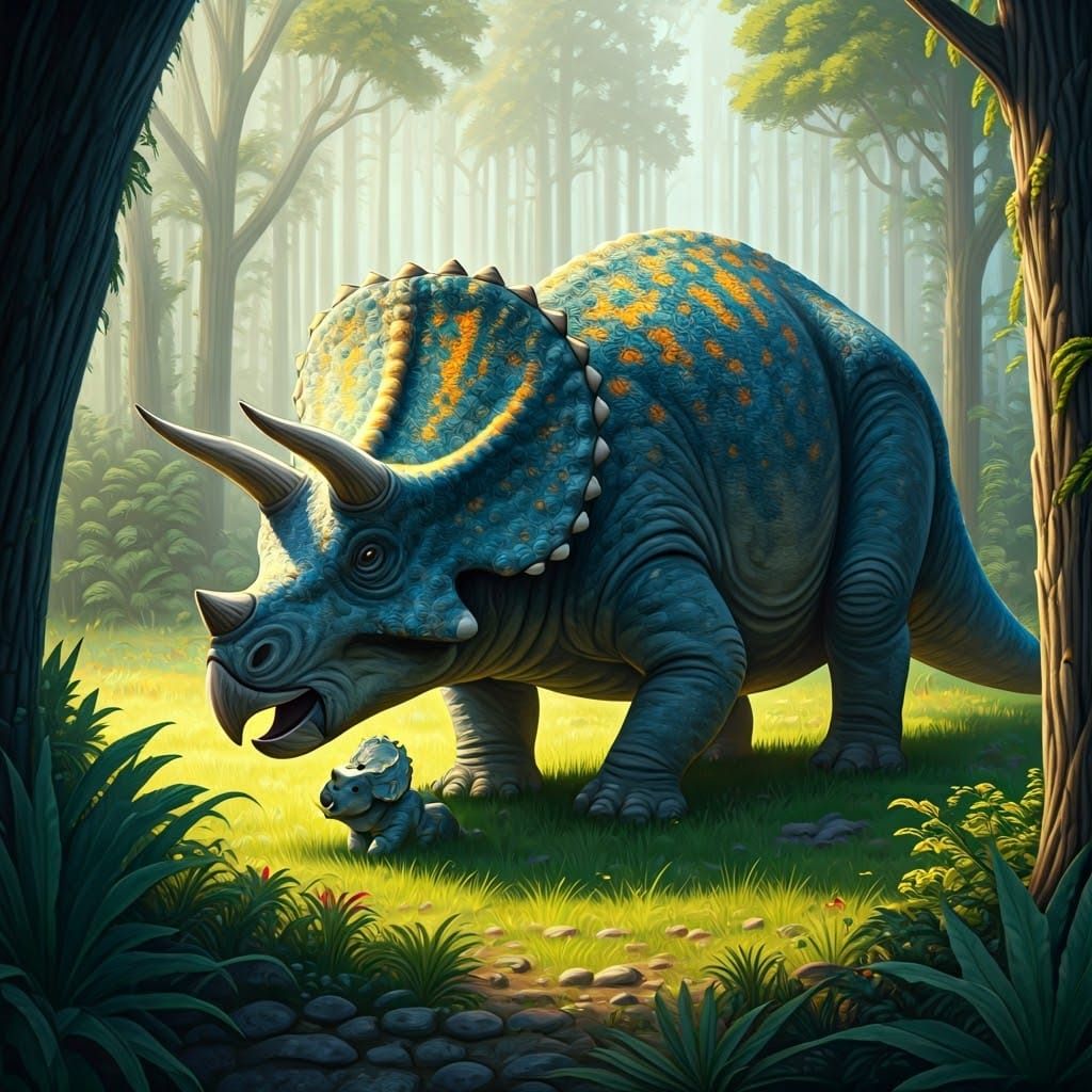 Triceratops Family in a Serene Cretaceous Meadow