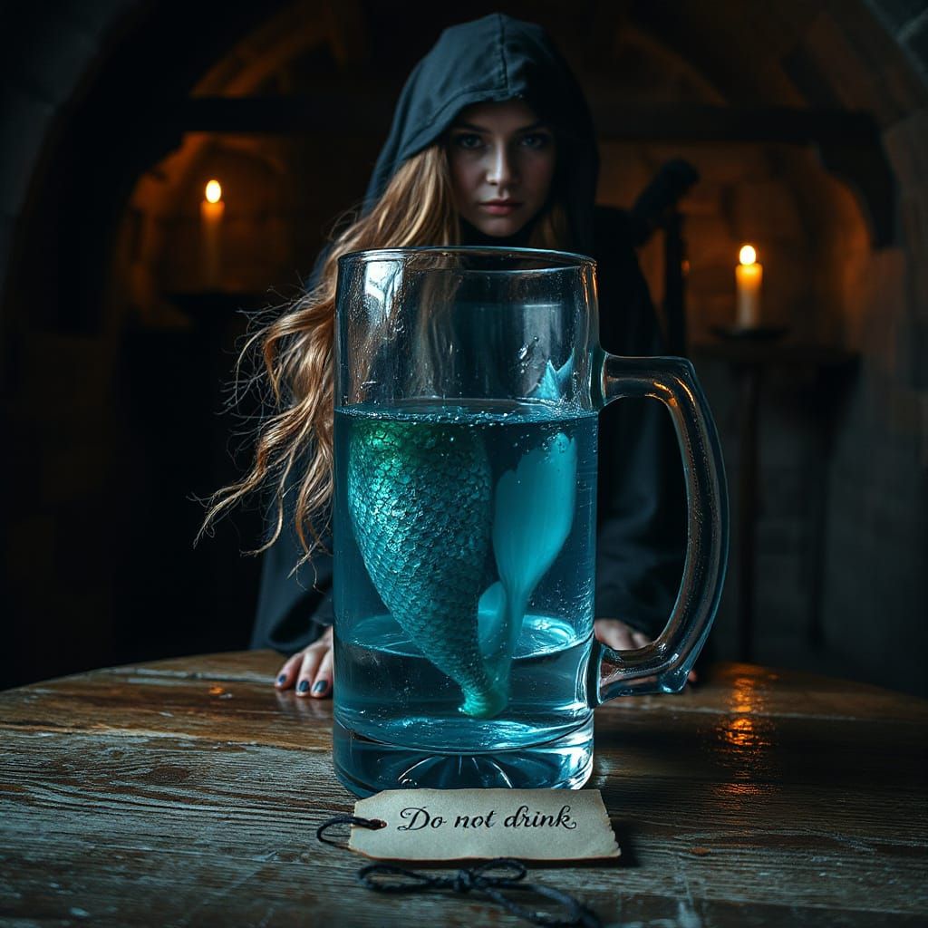 Surreal Mermaid Portrayal in a Haunted Beer Mug
