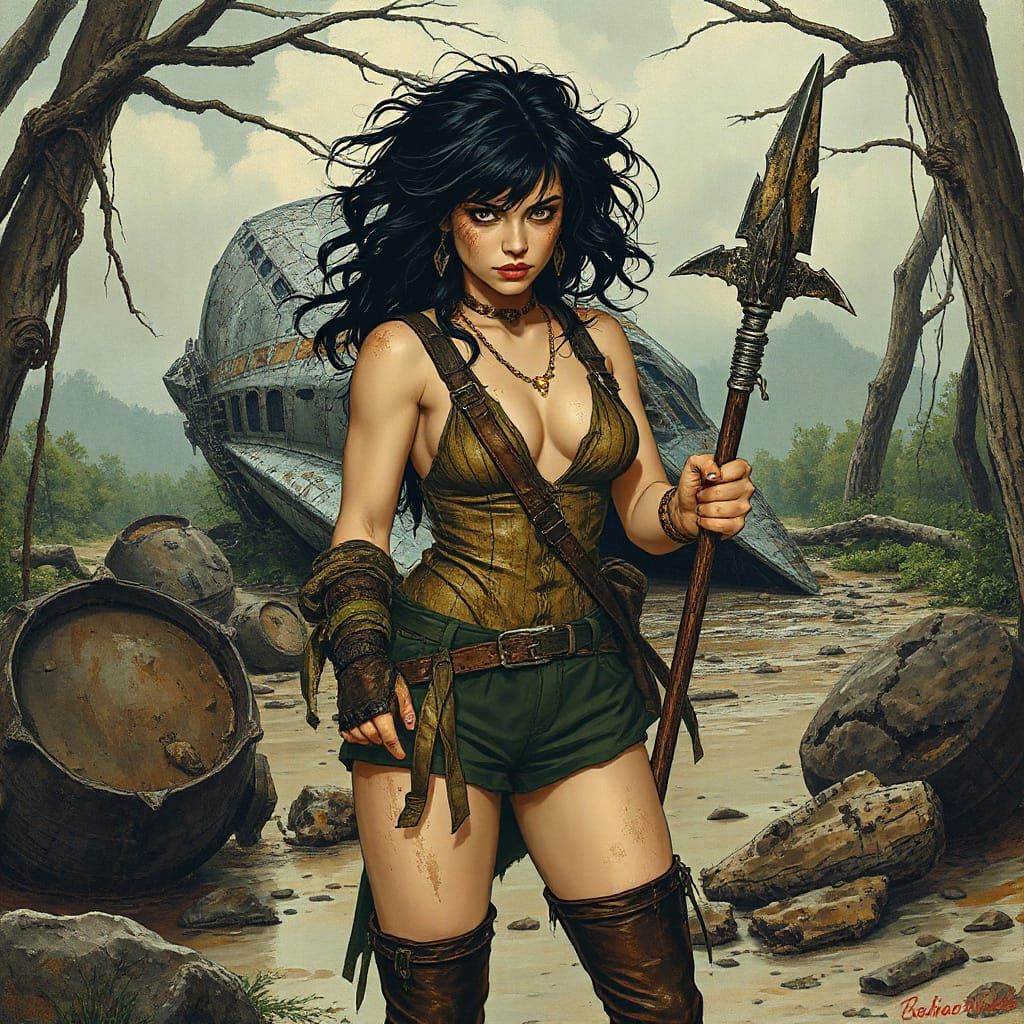 Fierce Woman Stands by Crashed Rocket, Dark Fantasy Art