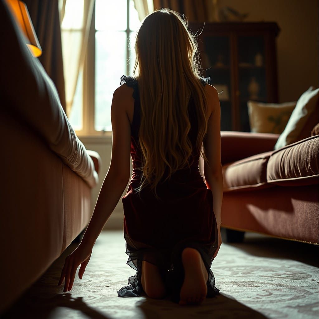 Elegant Young Man Searches Under Sofa in Velvet Dress