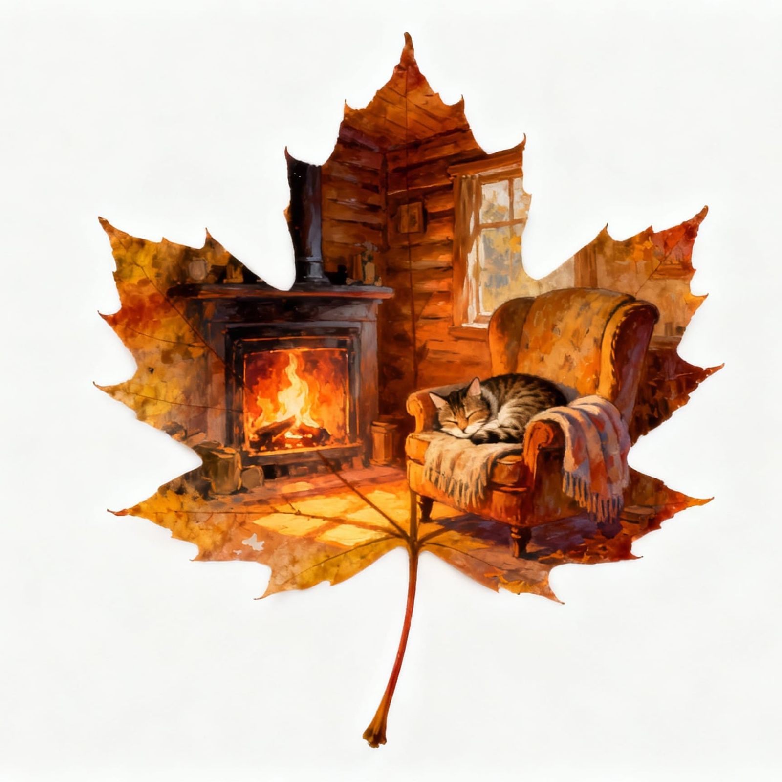 Nostalgic Autumn Cabin Scene Inside Maple Leaf