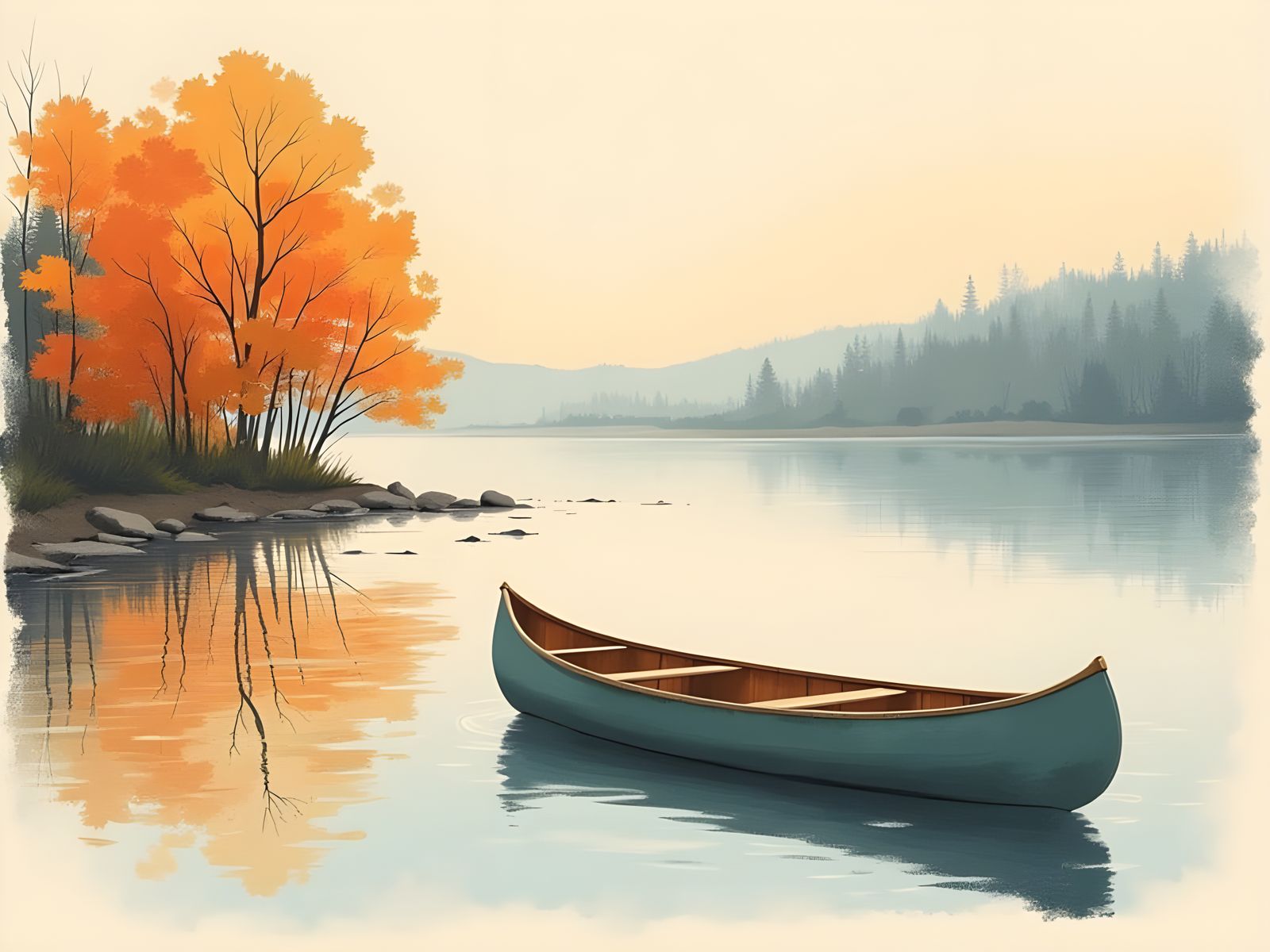 Vintage Autumn Canoe on Serene Lake