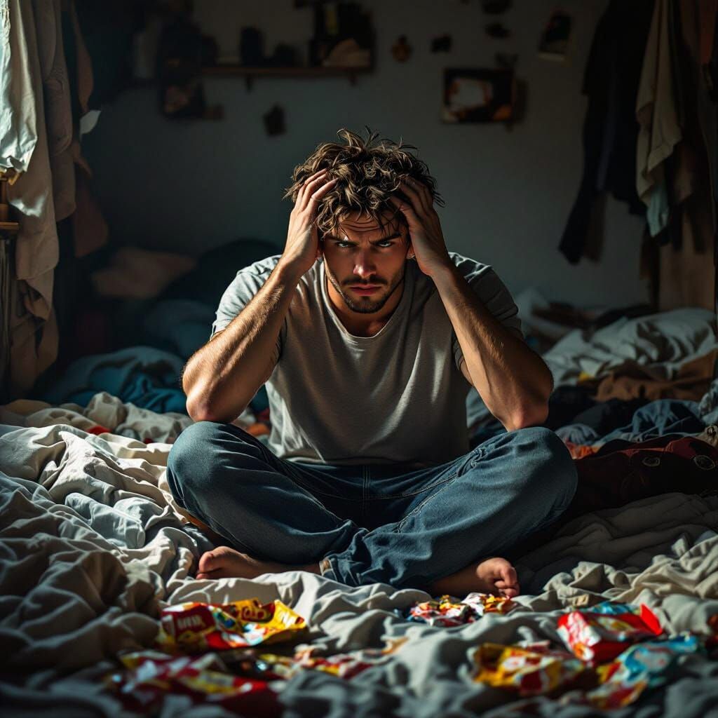 Overwhelmed Man in Dimly Lit Room