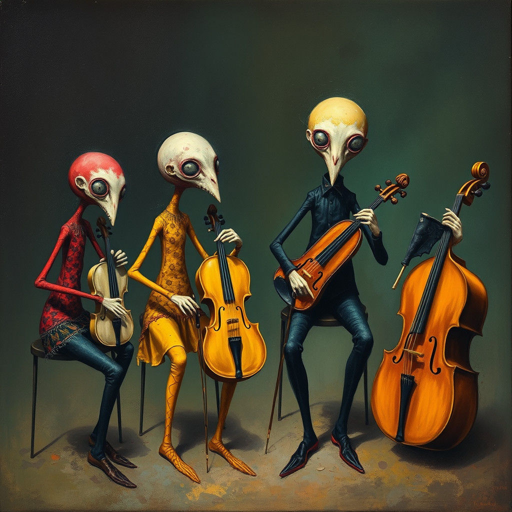 Surreal Orchestra of Whimsical Beings: Matte Oil Painting