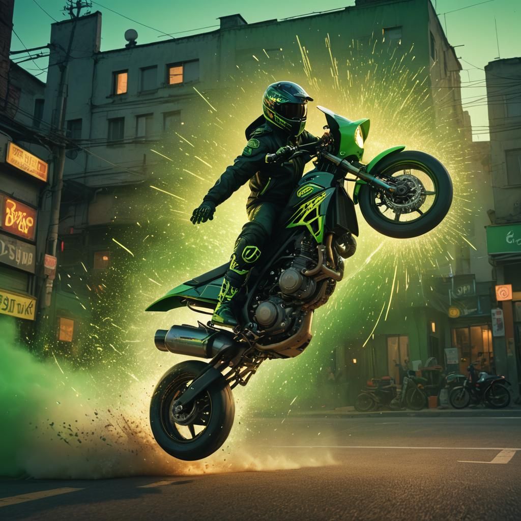 Motorcyclist Performing Wheelie with Green Accents