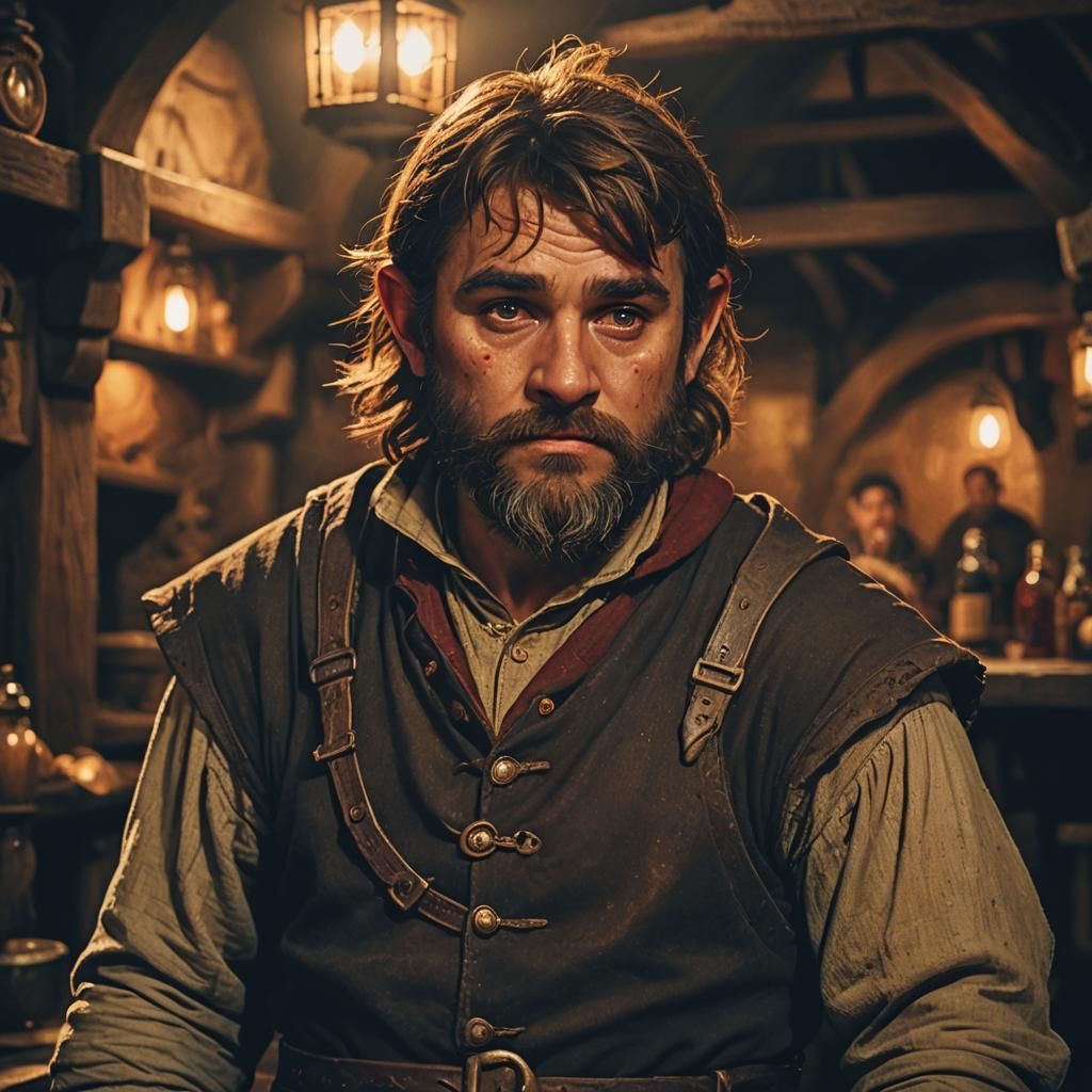 Gnome Rogue in Medieval Tavern: Cinematic Film Still