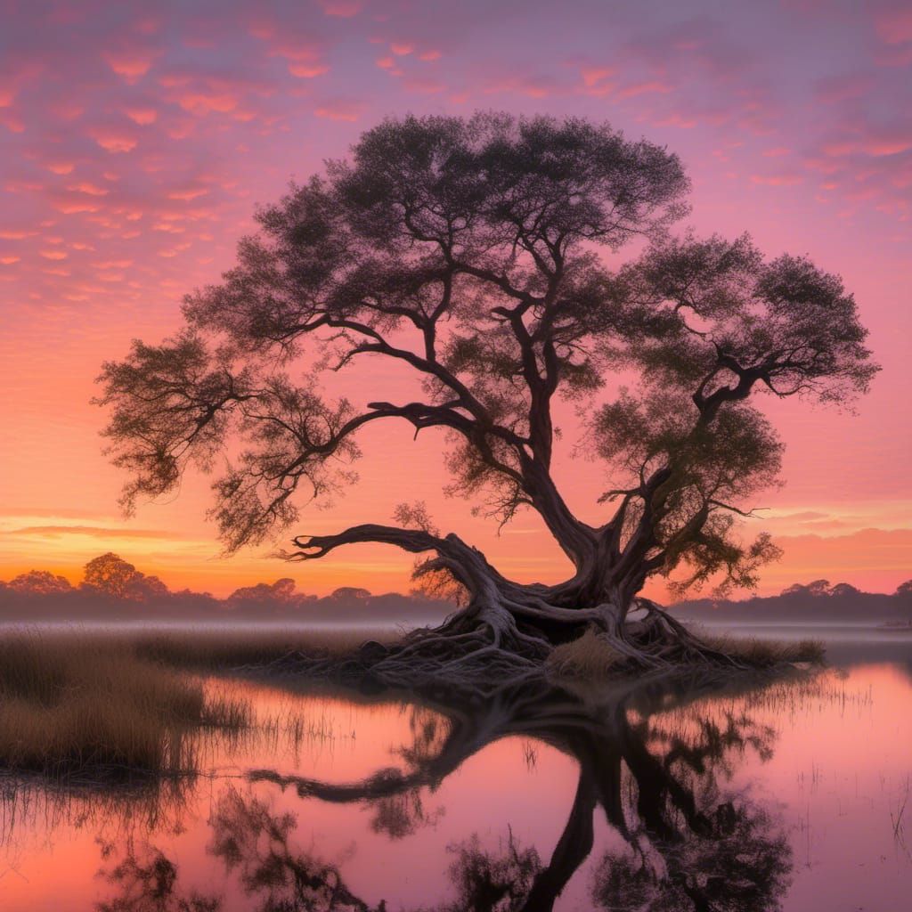 Serene Lake at Dawn Reflecting Sunrise Hues