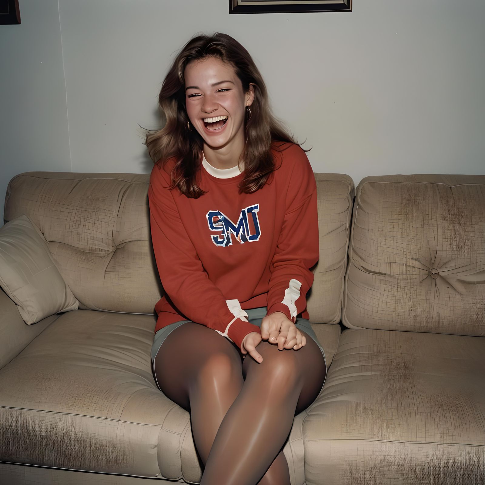 Girl in Pantyhose Laughing on Sofa, 1990s
