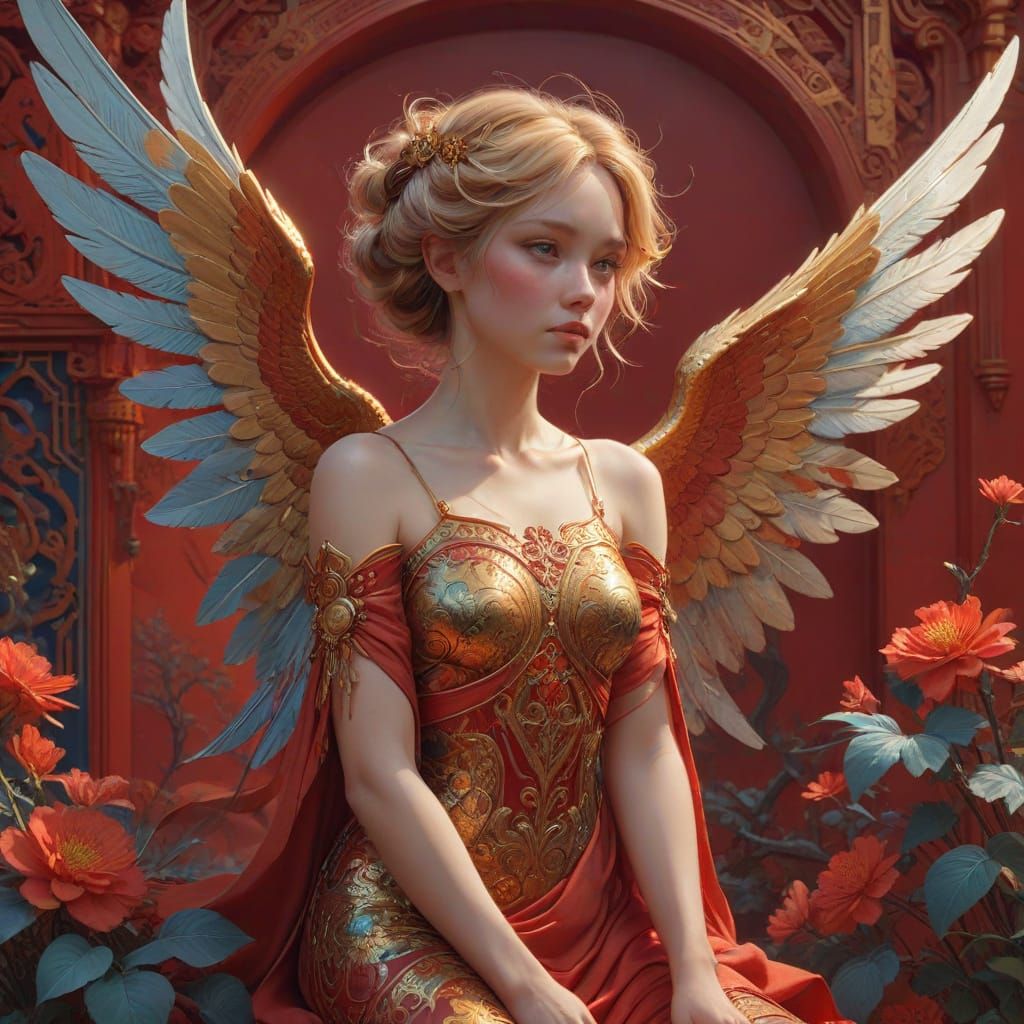 Golden Cupid in Majestic Chinese-Inspired Red Background wit...