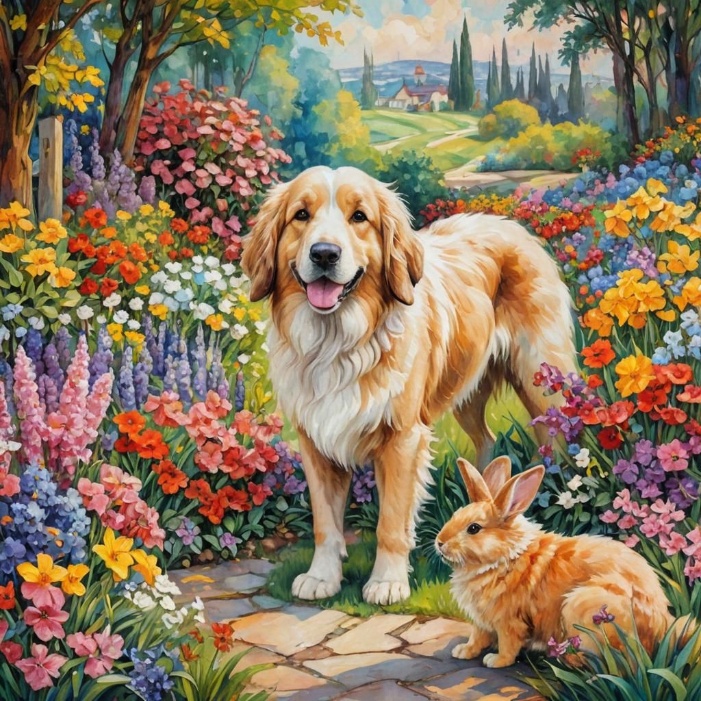 Rabbit and Dog in Flower Garden, Art Nouveau Style