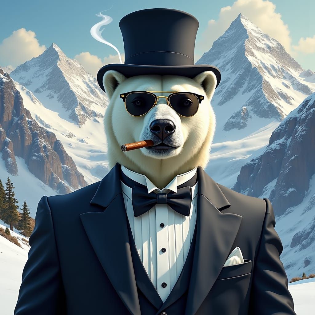 Polar Bear in Tuxedo: Hyper-Realistic Winter Portrait