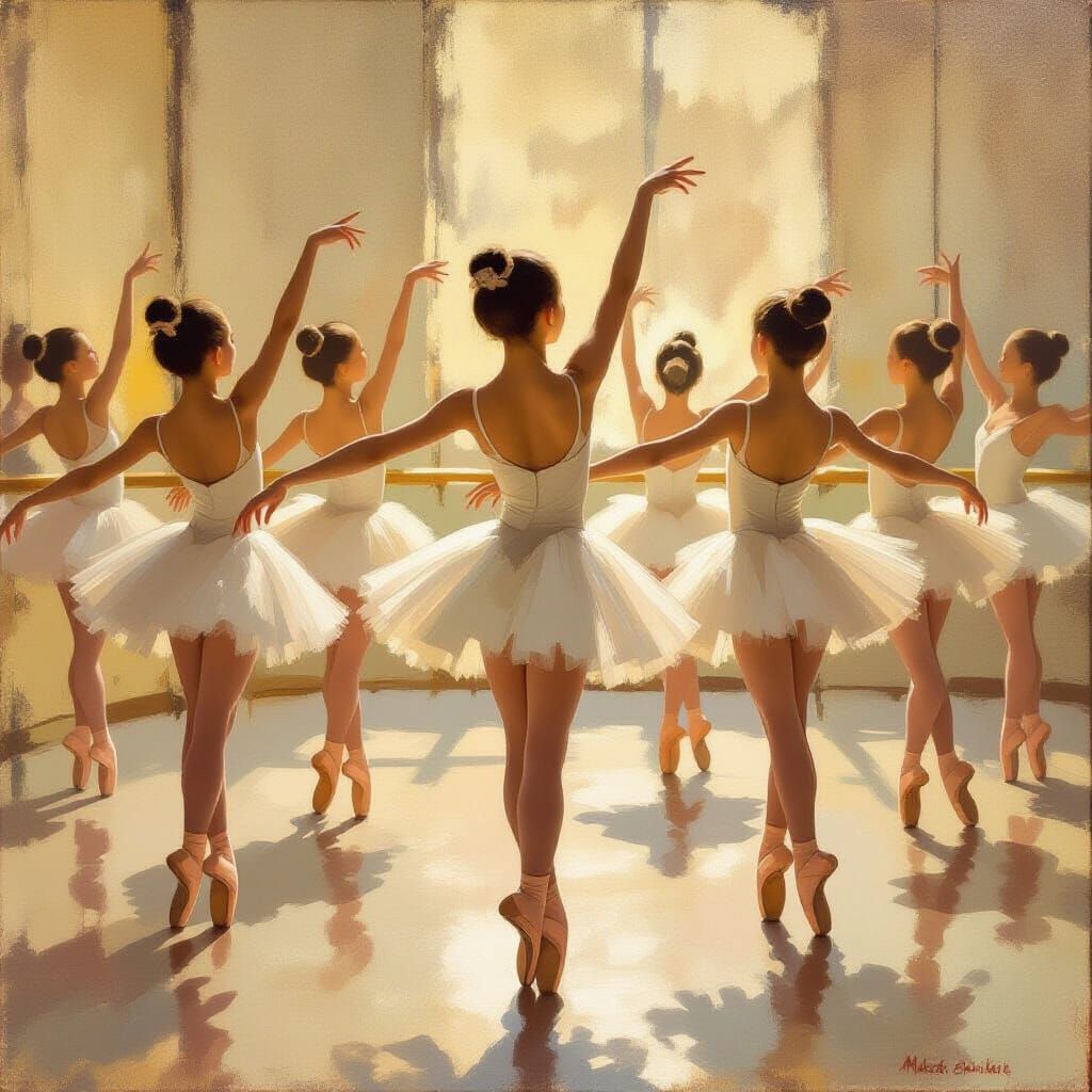 Ballet Dancers in Mirrored Studio with Golden Light