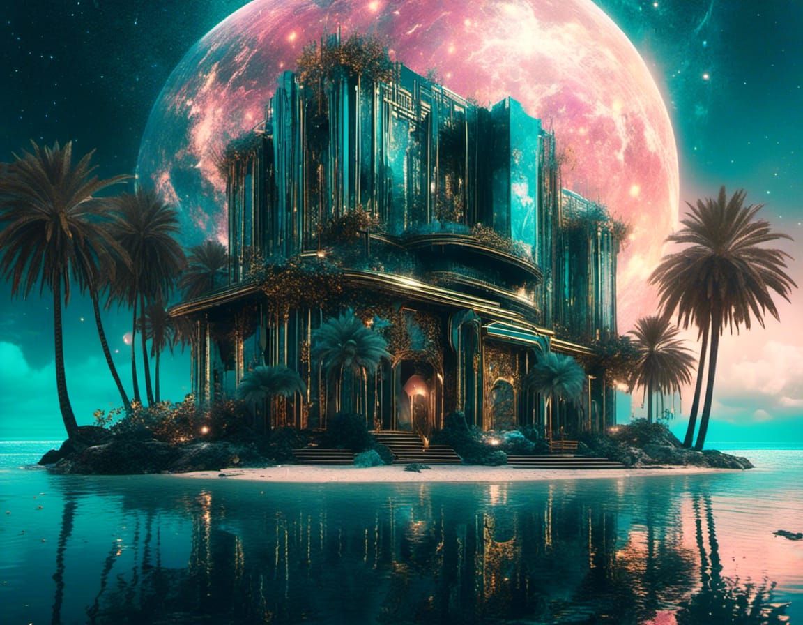 Futuristic Art Deco Galactic Hotel on Alien Beach