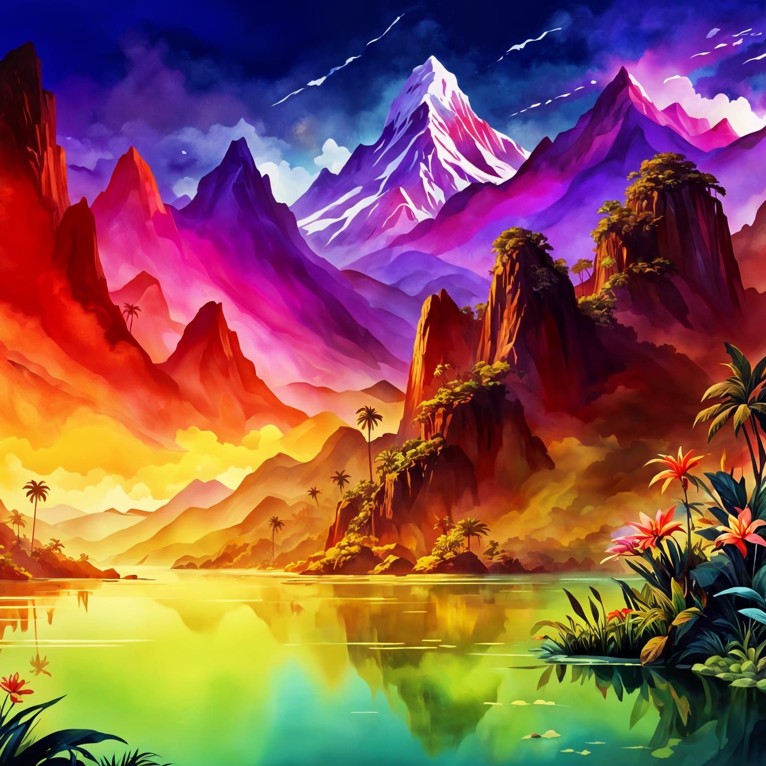 Exotic Jungle Waterfall in Vibrant Fantasy Style