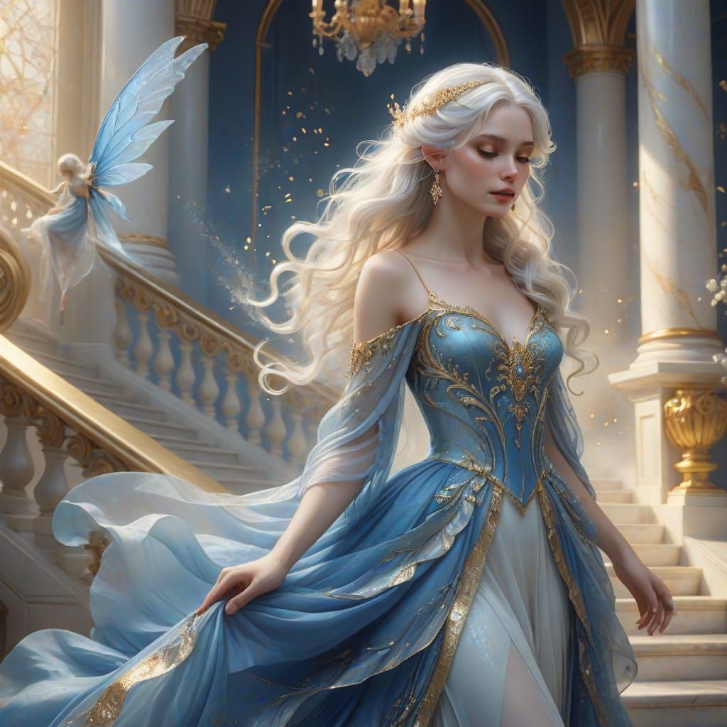 Ethereal Fairy Descends Grand Marble Staircase in Whimsical,...