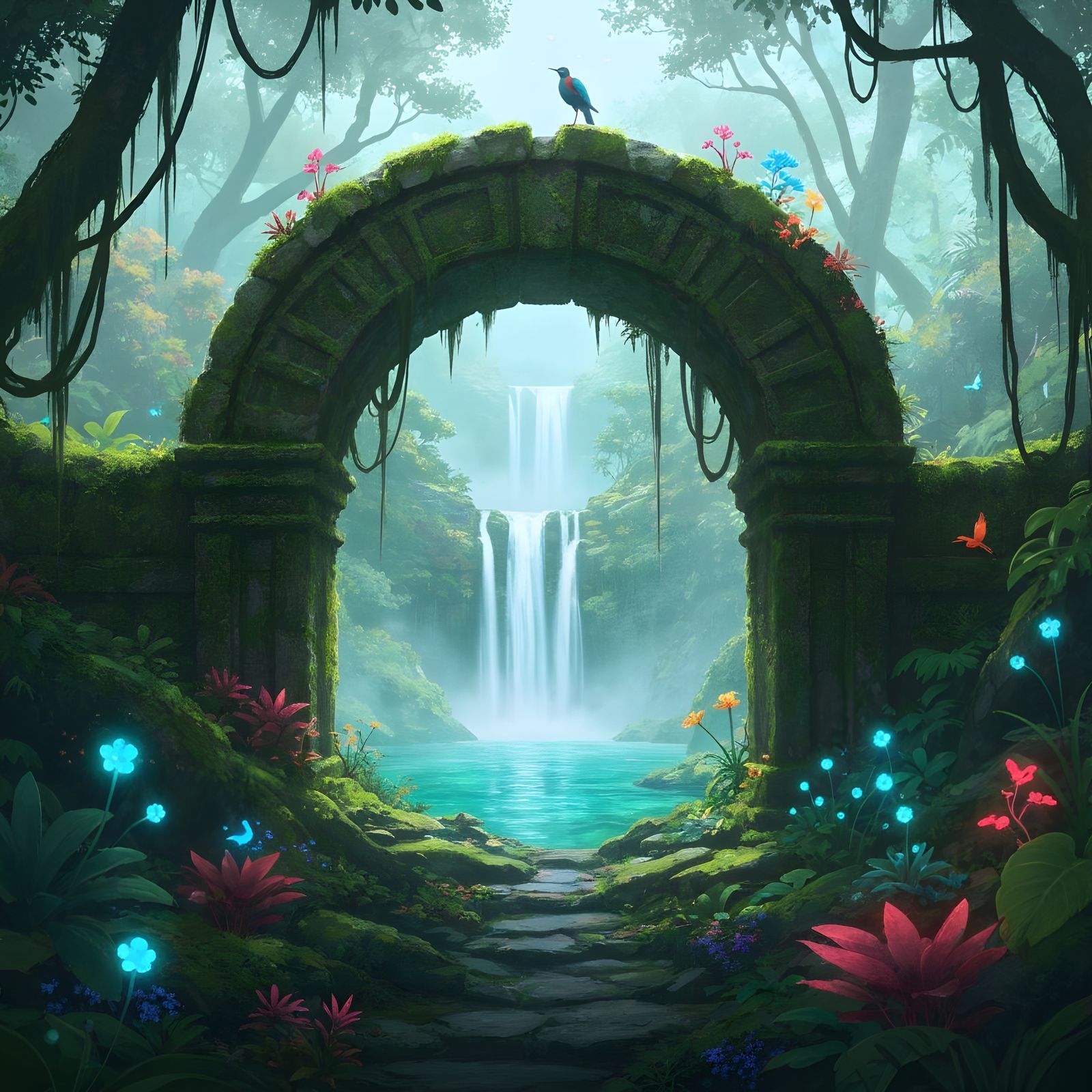 Misty Jungle Archway Frames Hidden Waterfall