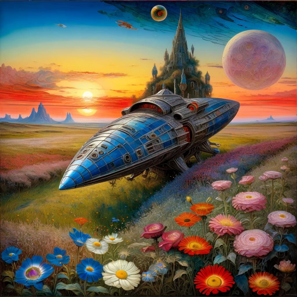 Surreal Spaceship in Flower Field at Sunset