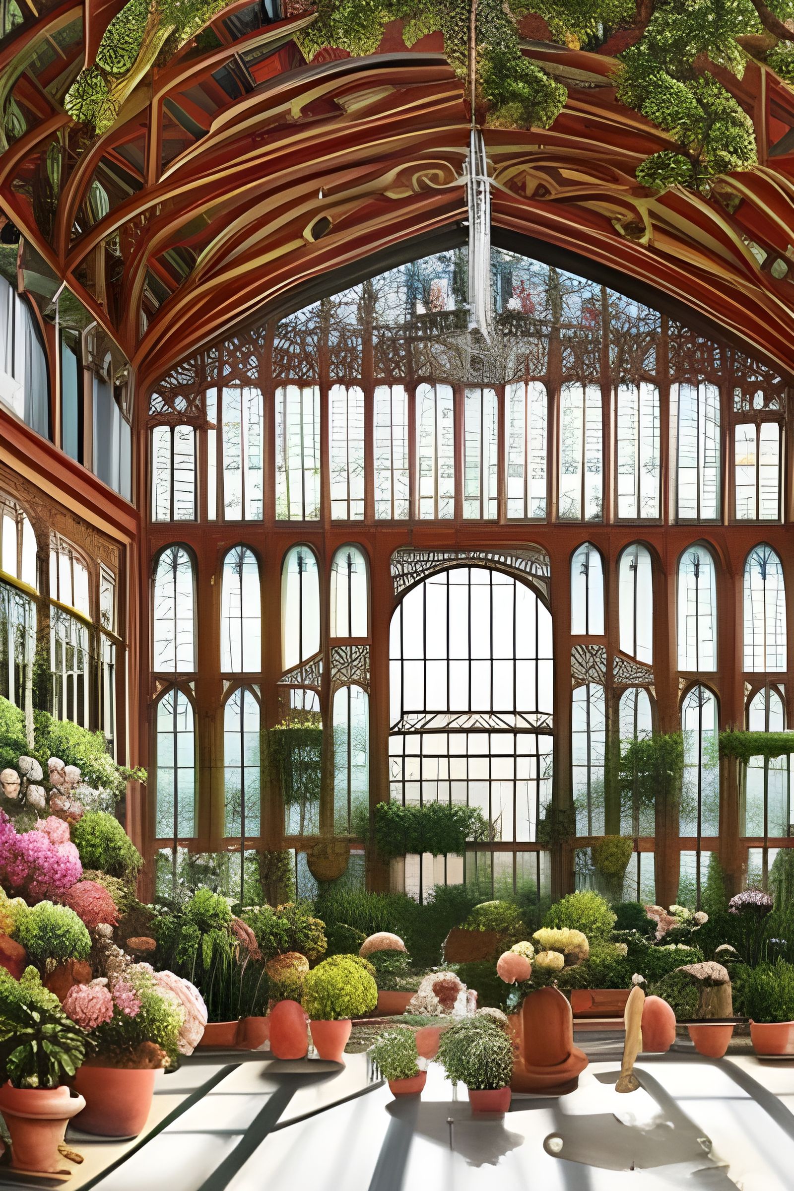 Victorian Greenhouse Oil Painting with Flowers