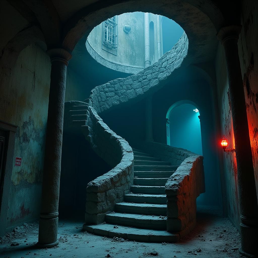Mystical Stone Staircase Descending into Electric Blue Darkn...