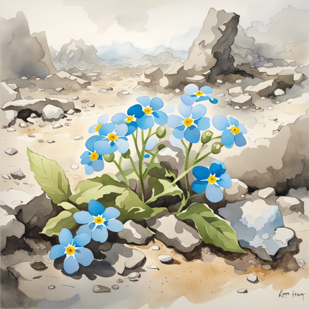 Forget-Me-Not Blooms in Battlefield Rubble