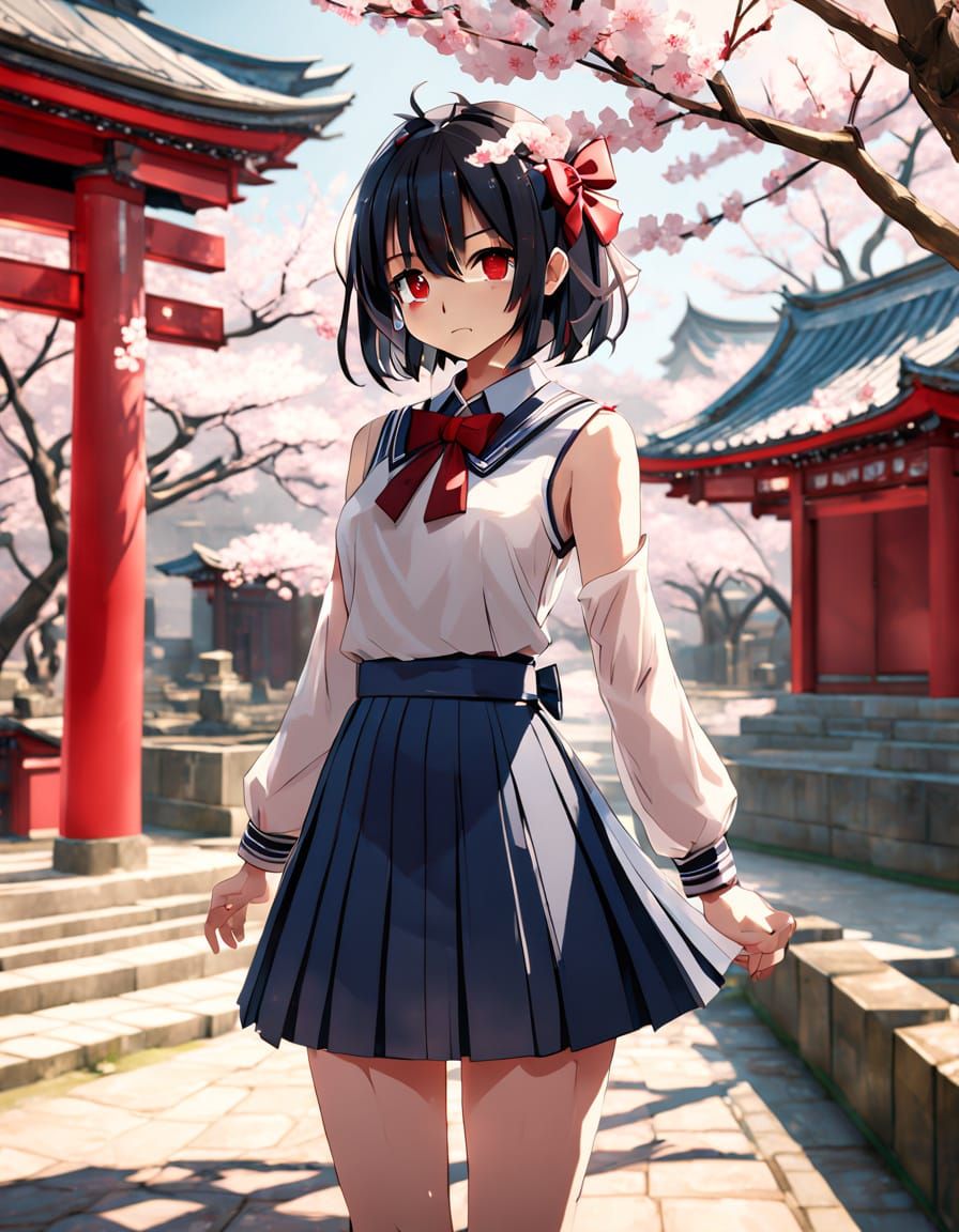 Japanese Schoolgirl in Shrine Courtyard with Cherry Blossoms