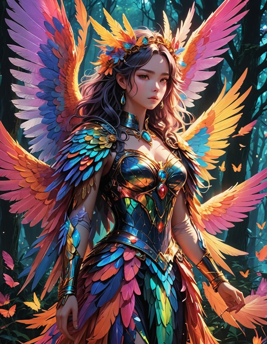 Psychedelic Neon Harpy in Anime Key Visual Style