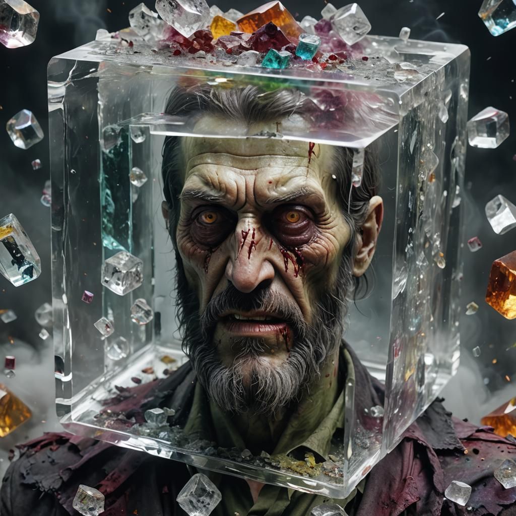 Crystal Cube Encasing Zombie Rasputin Head: 3D Render