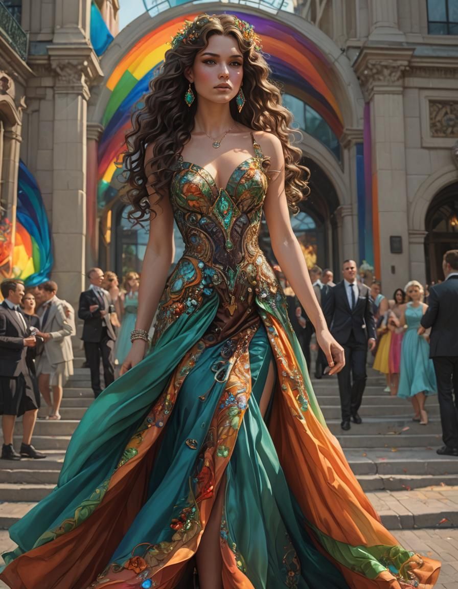 Opulent Prom Dress with Rainbow Jewels, Digital Art