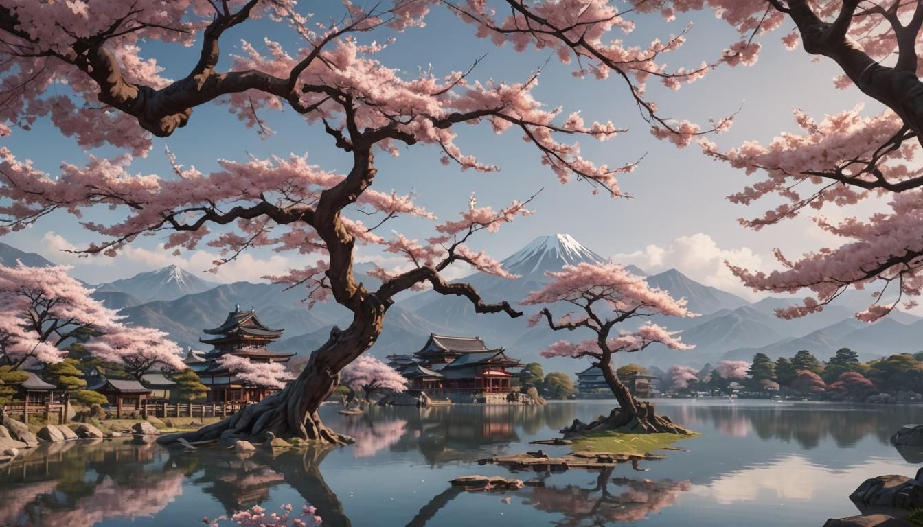 Sakura Tree by Lake: 3D Anime Art