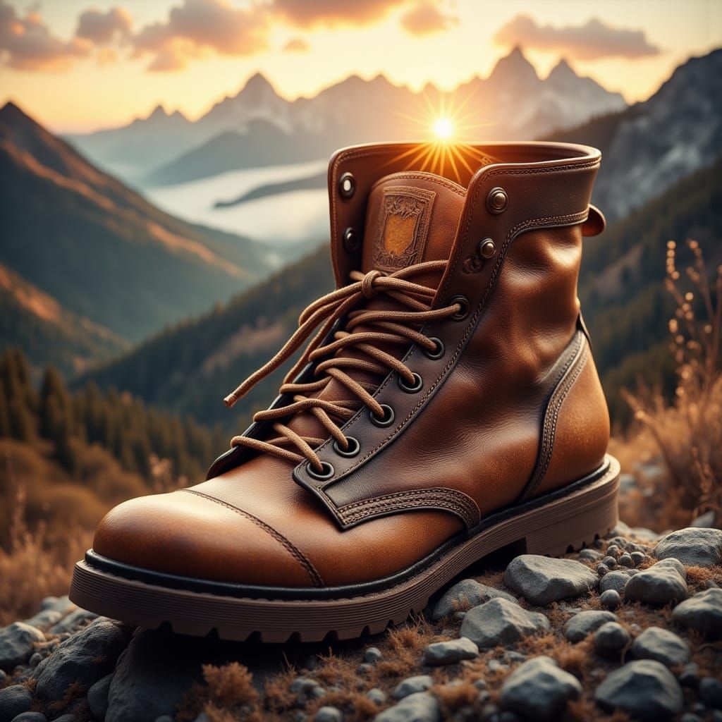 Hiking Boot Double Exposure with Mountain Sunset