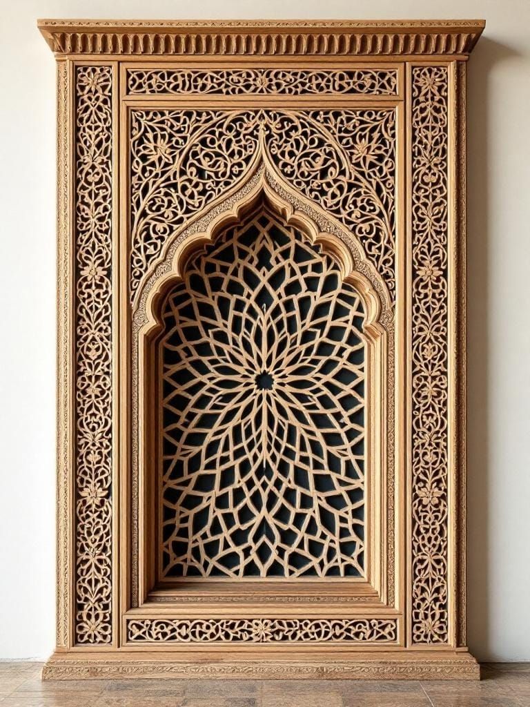 Intricately Carved Arab Window with Geometric Motifs